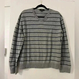 J.Crew Striped on Gray Cotton&Cashmere Blend V-Neck Sweater Men L (SW112)